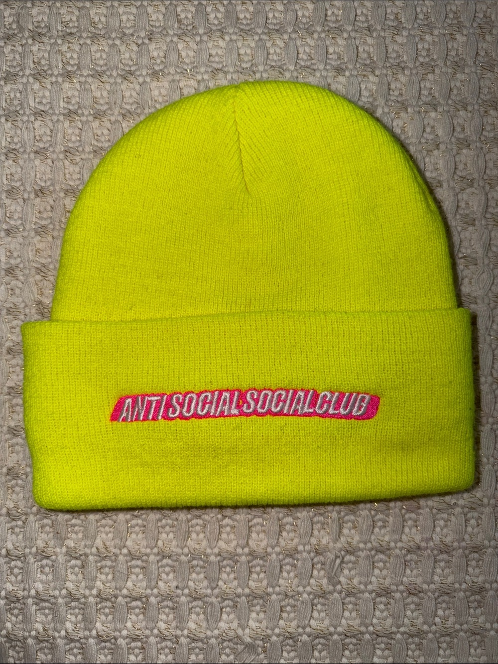 NWOT Anti Social Social Club Neon Yellow Knit Beanie with Pink Embroidered Logo